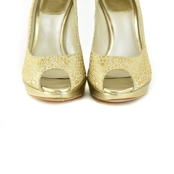 DIOR: Gold, Brocade Peep-Toe Logo Heels/Pumps - Picture 4 of 8